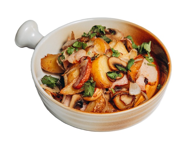 Запечена картопля з беконом та грибами